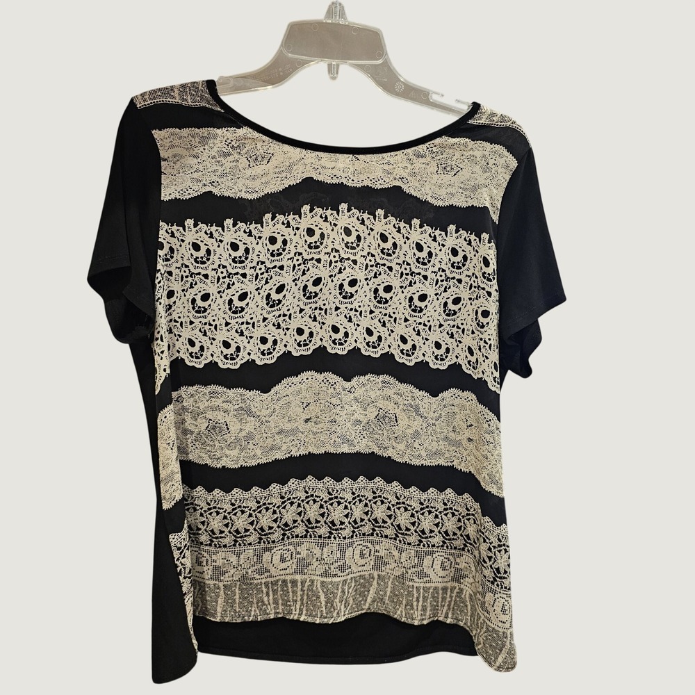 Dressbarn Black Blouse Lace Print Detail Womens Large Open Back
